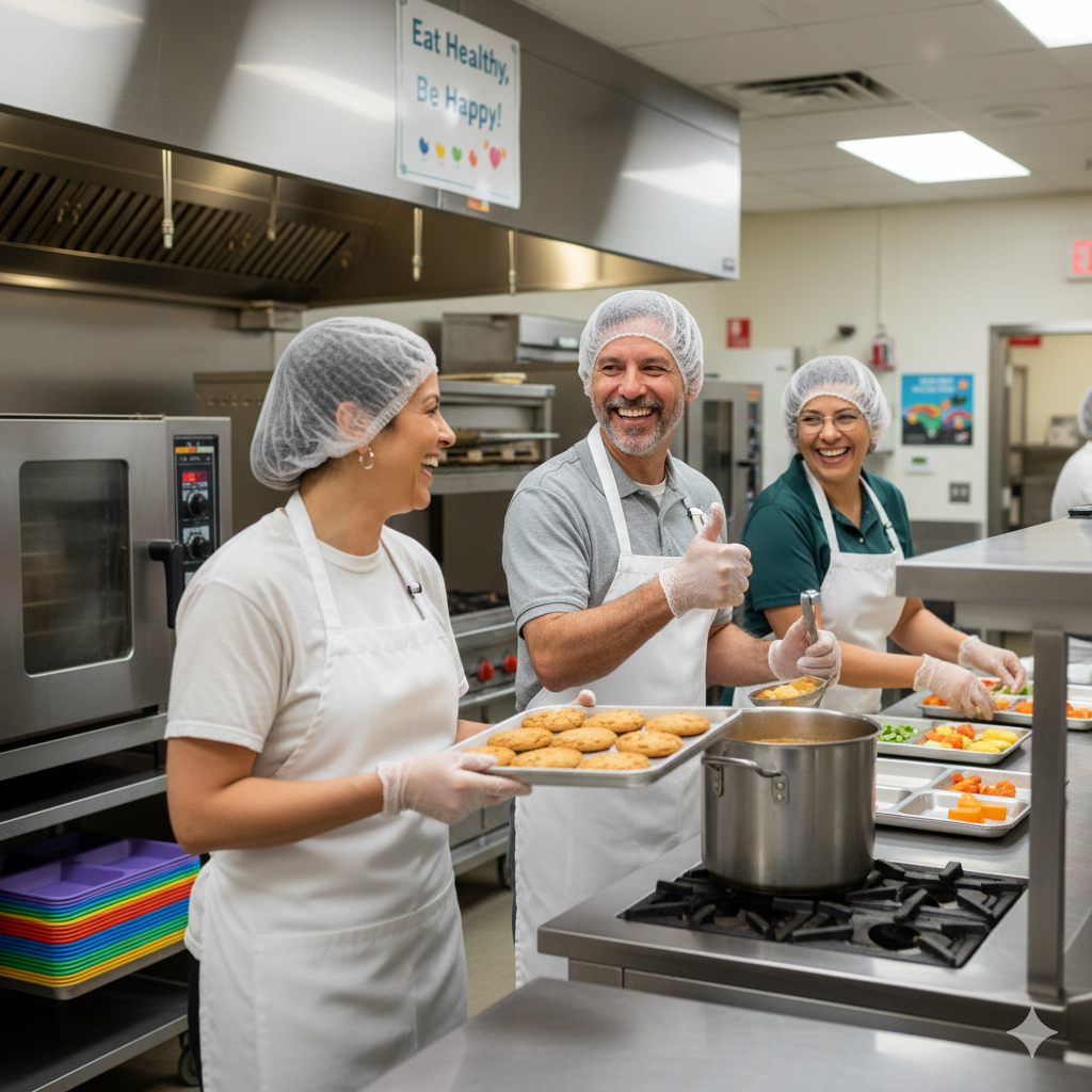 A photograph shows three adult cafeteria workers in a brightly lit, clean school kitchen. They are smiling and looking at the camera. All three are wearing white hairnets, aprons, and gloves, and are standing behind a stainless-steel counter. On the counter are various food items, including a large bowl of salad. The scene conveys a sense of professionalism and cheerfulness.